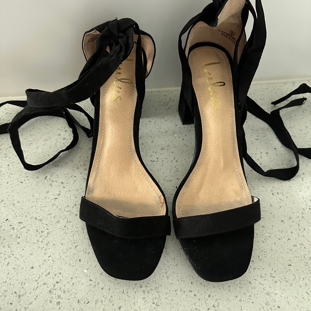 Lulu's Black Suede Heels with Ankle Straps